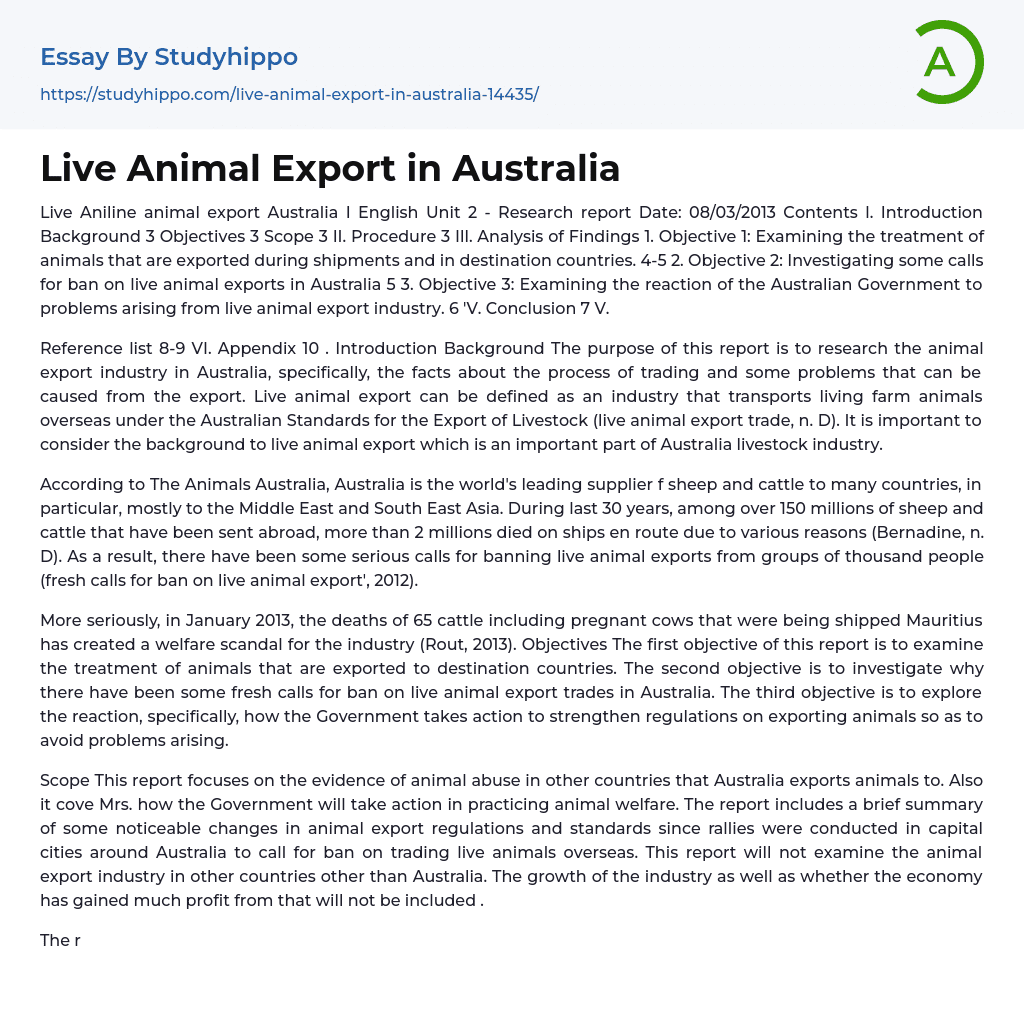 Live Animal Export in Australia Essay Example
