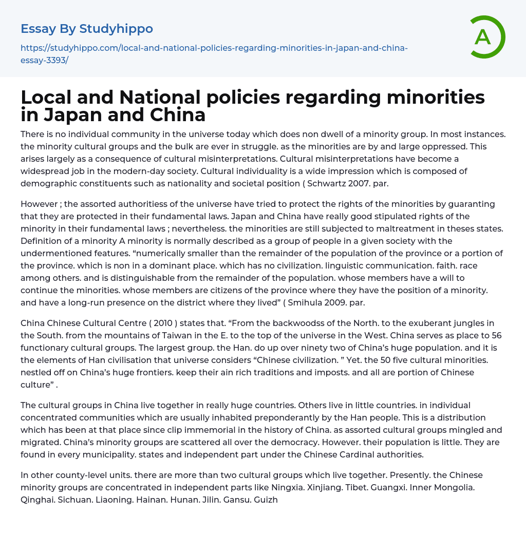 Local and National policies regarding minorities in Japan and China Essay Example