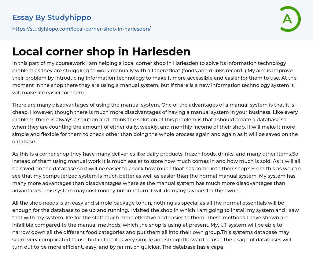 Local corner shop in Harlesden Essay Example