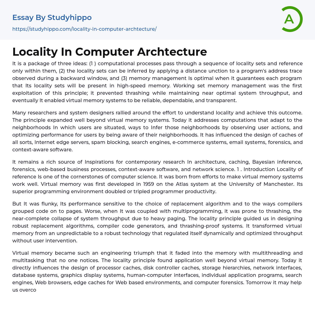 Locality In Computer Archtecture Essay Example