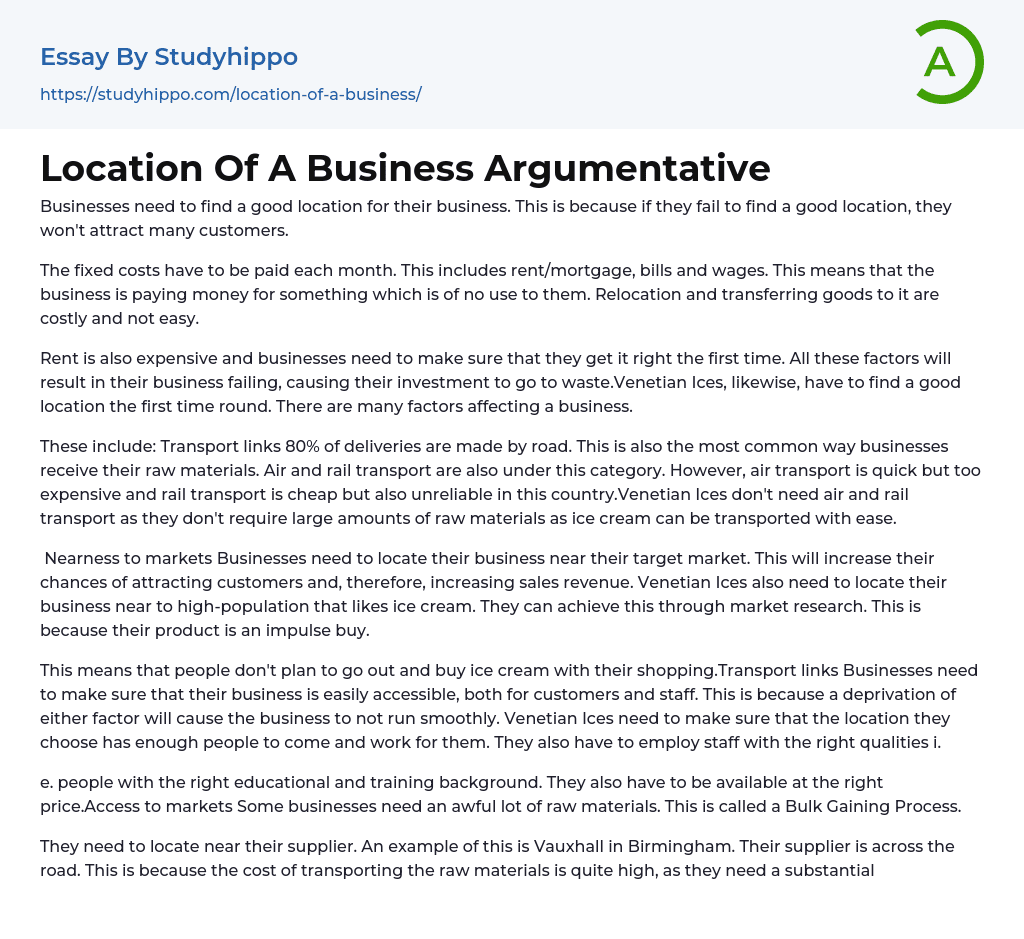 Location Of A Business Argumentative Essay Example