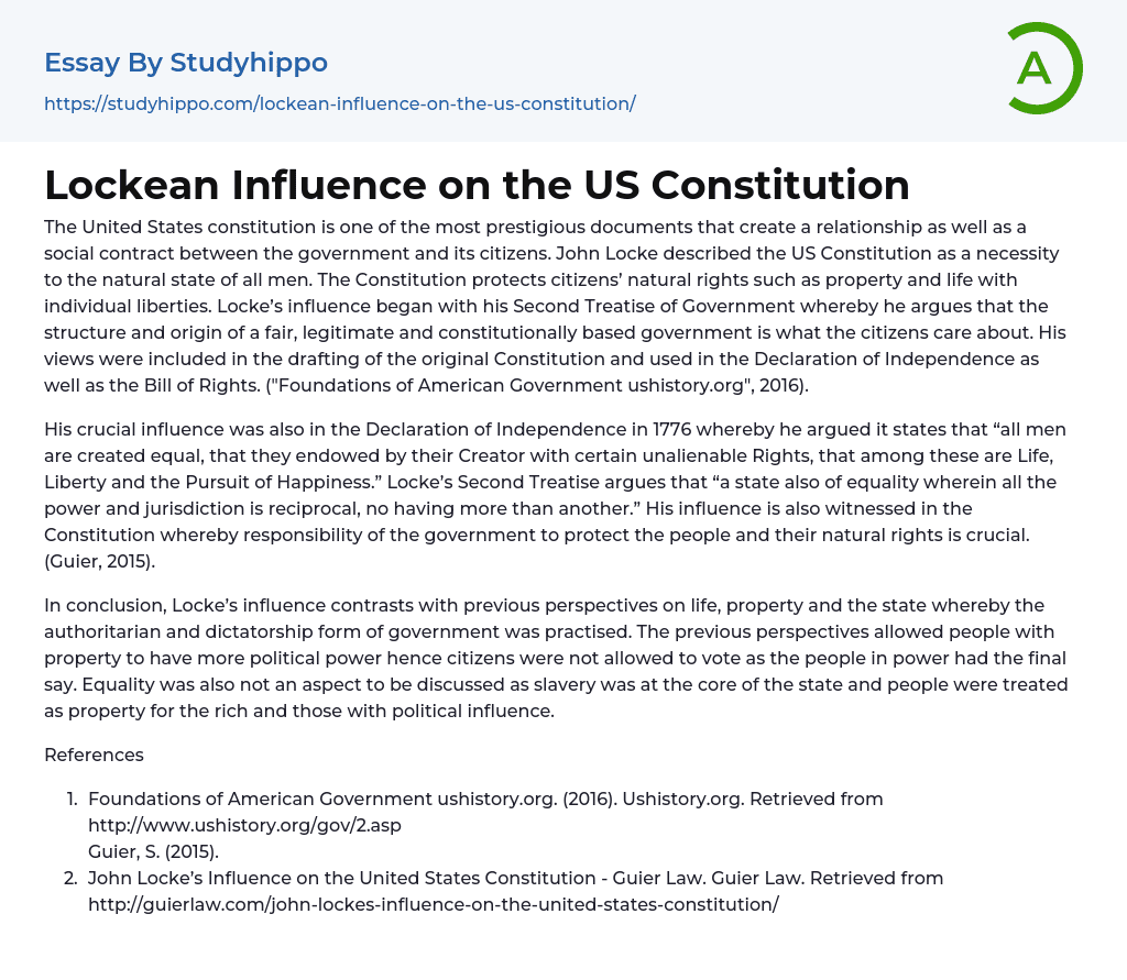 Lockean Influence on the US Constitution Essay Example