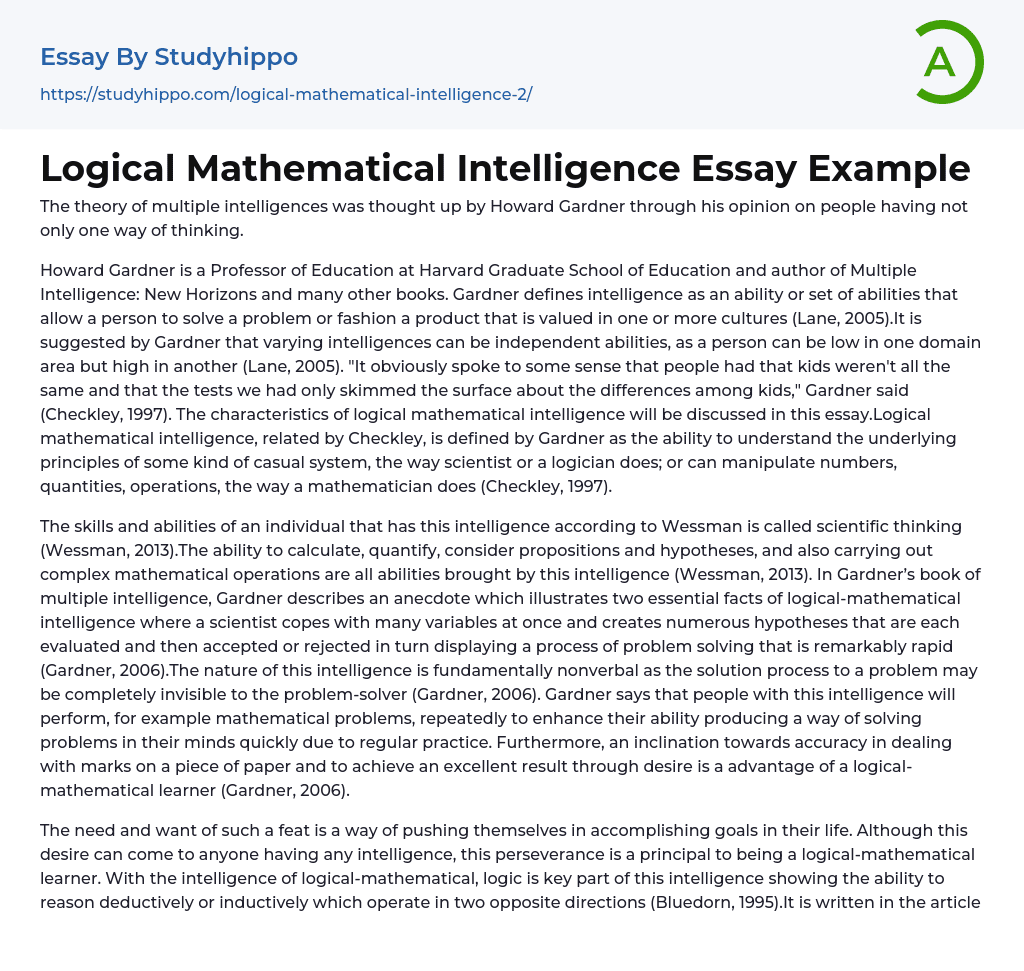 Logical Mathematical Intelligence Essay Example