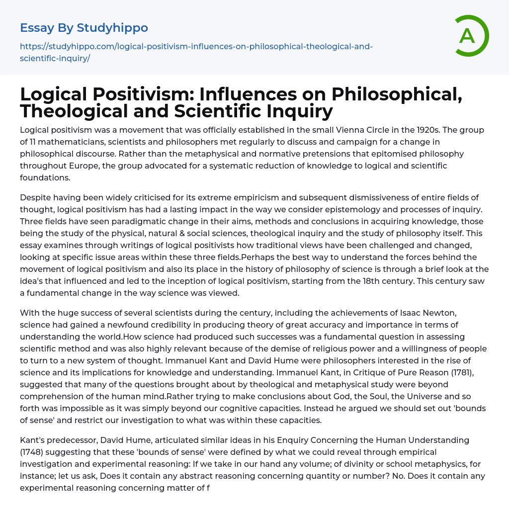 Logical Positivism: Influences on Philosophical, Theological and Scientific Inquiry Essay Example