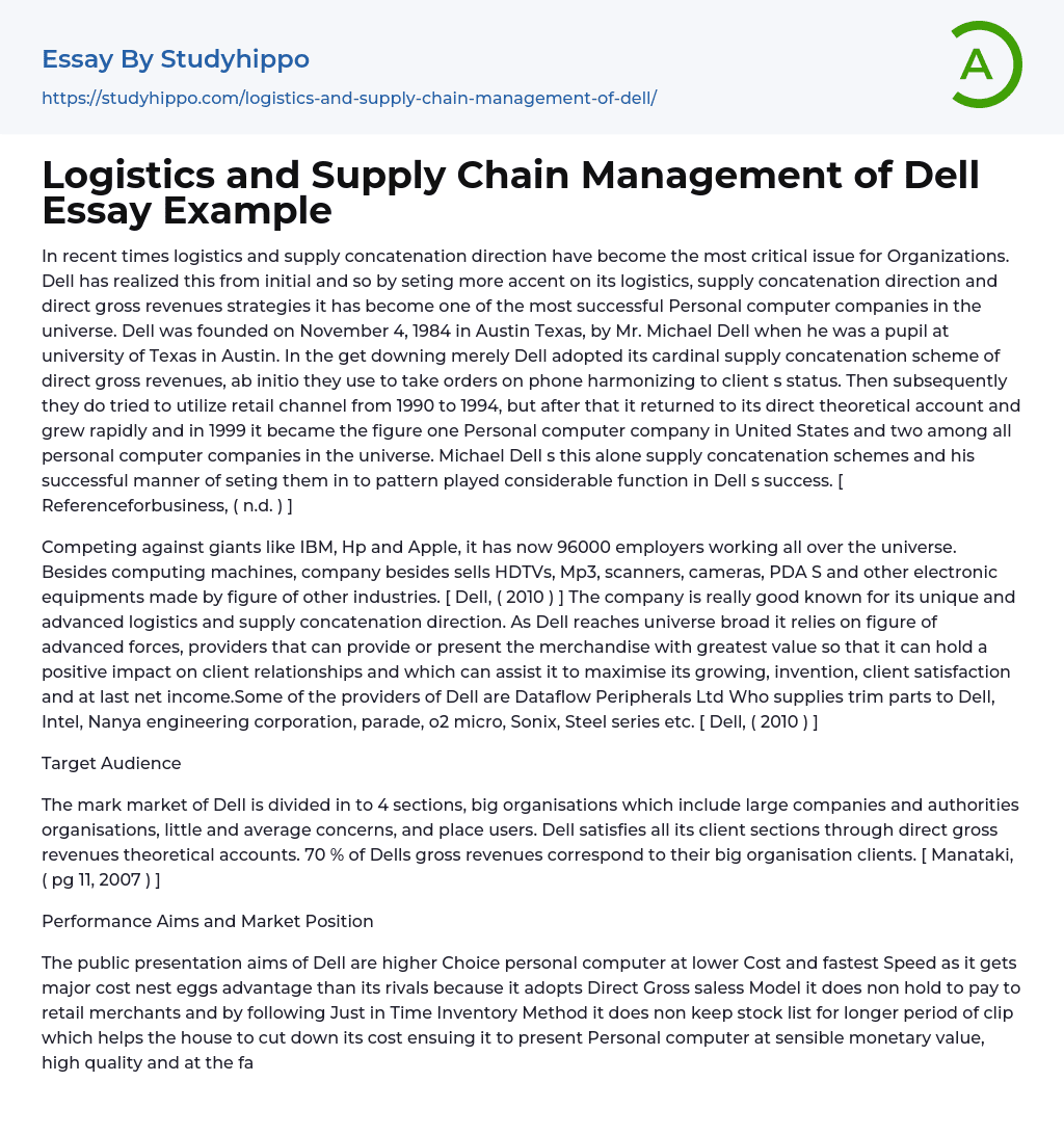 Logistics and Supply Chain Management of Dell Essay Example