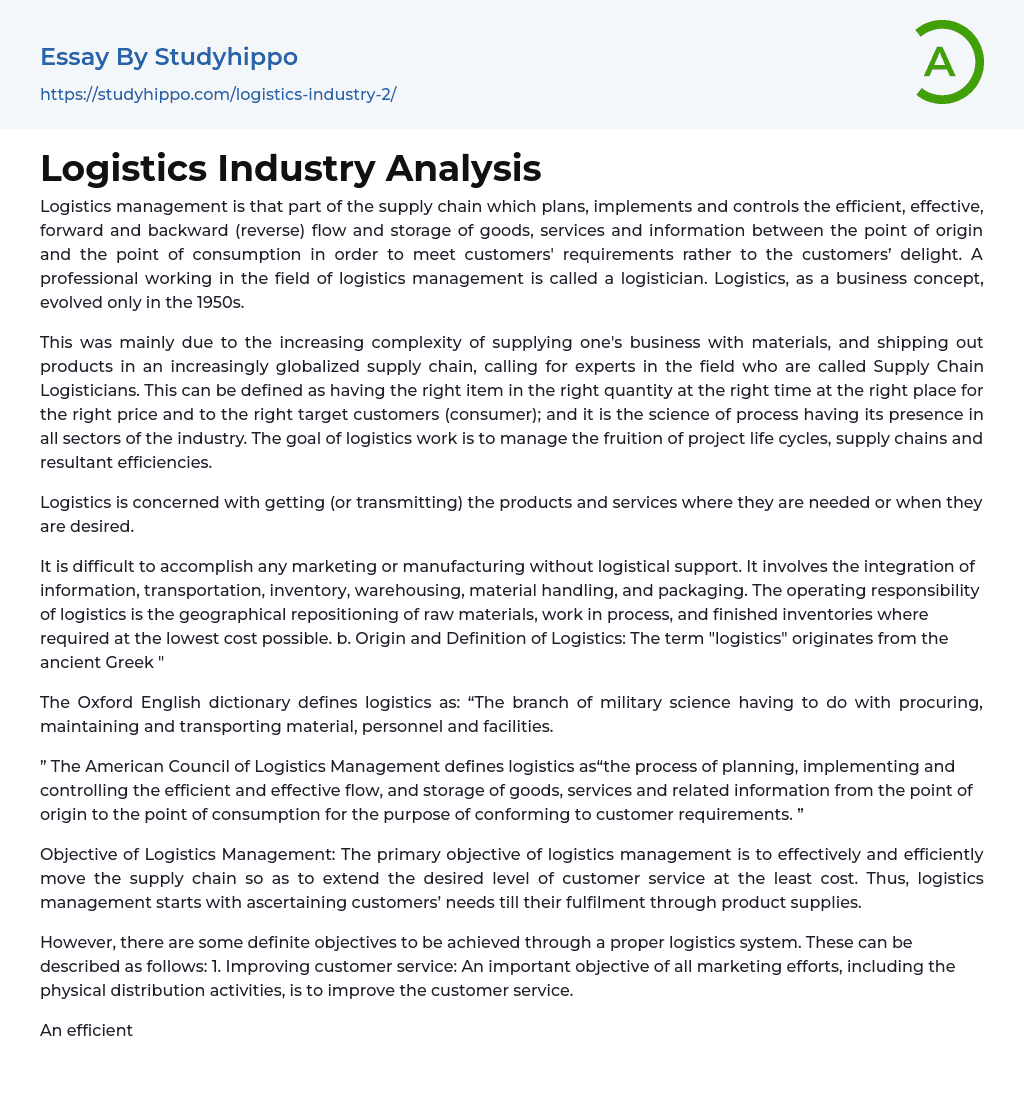 Logistics Industry Analysis Essay Example
