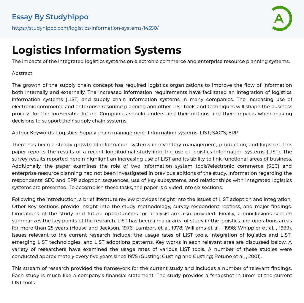 Logistics Information Systems Essay Example