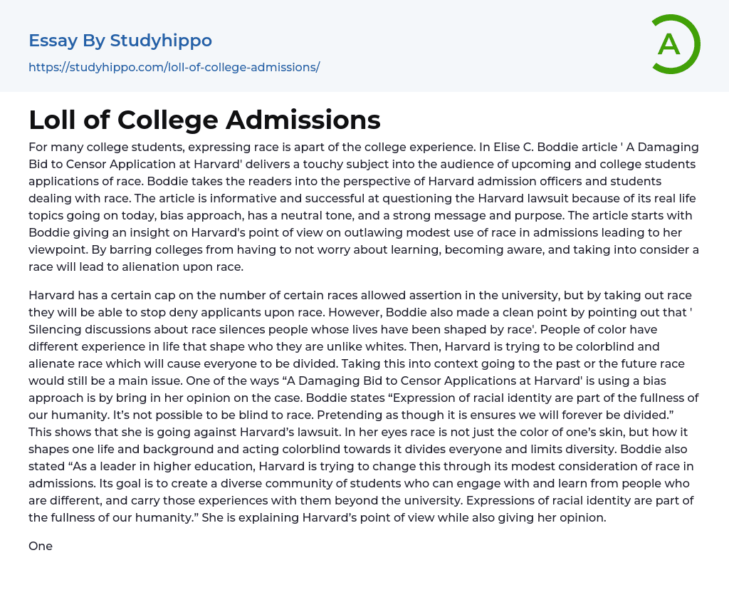 Loll of College Admissions Essay Example