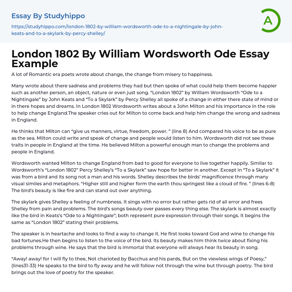 London 1802 By William Wordsworth Ode Essay Example