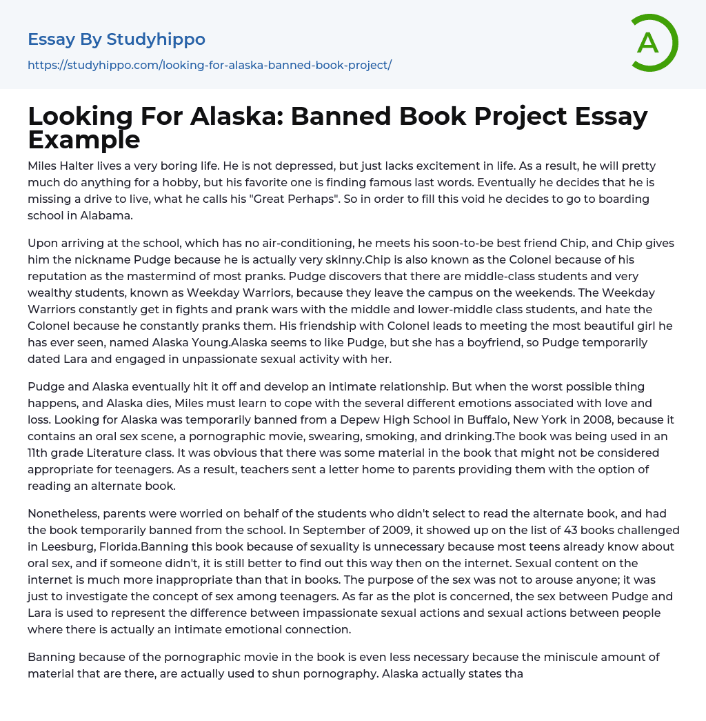 Looking For Alaska: Banned Book Project Essay Example