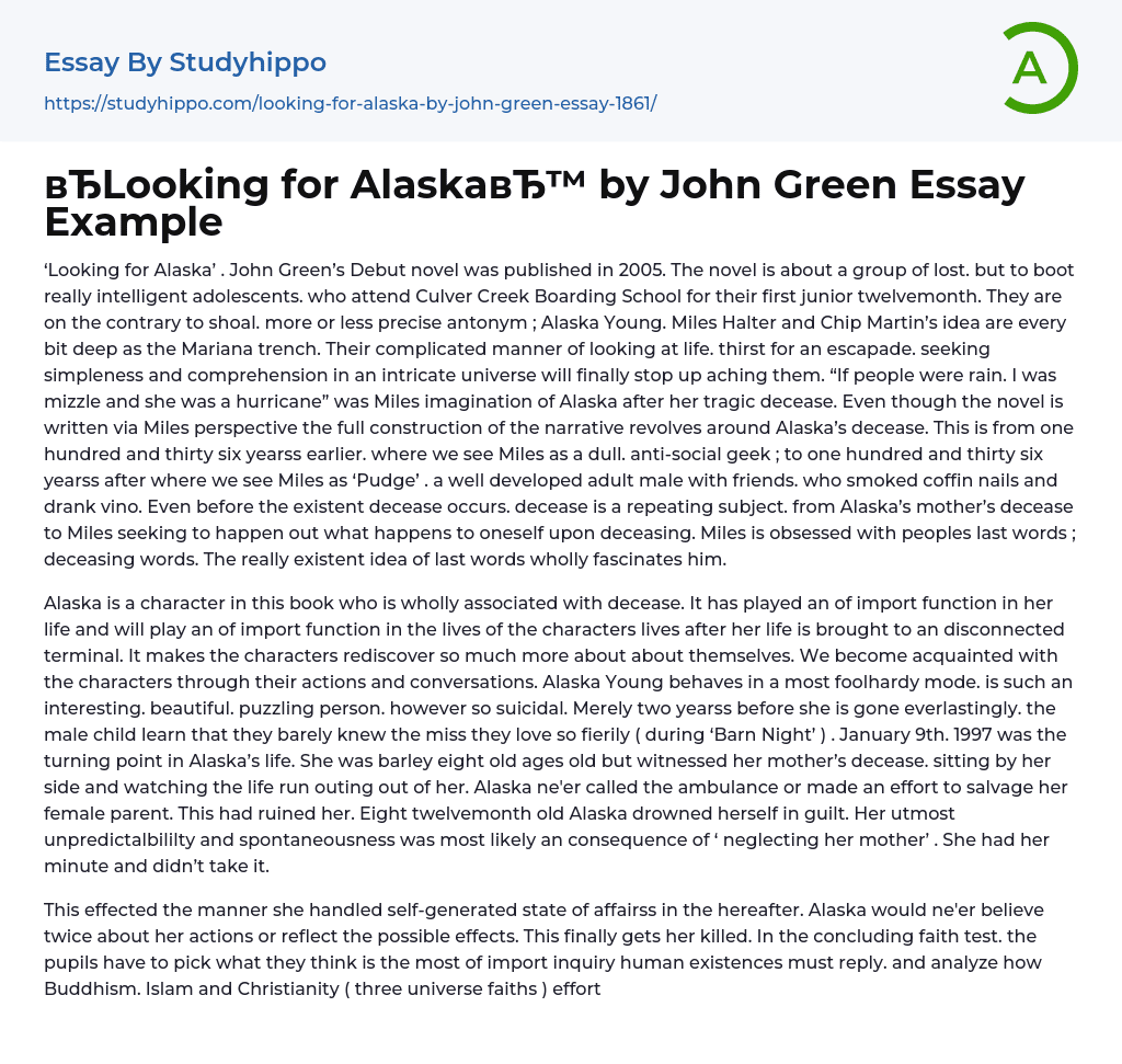 “Looking for Alaska by John Green Essay Example