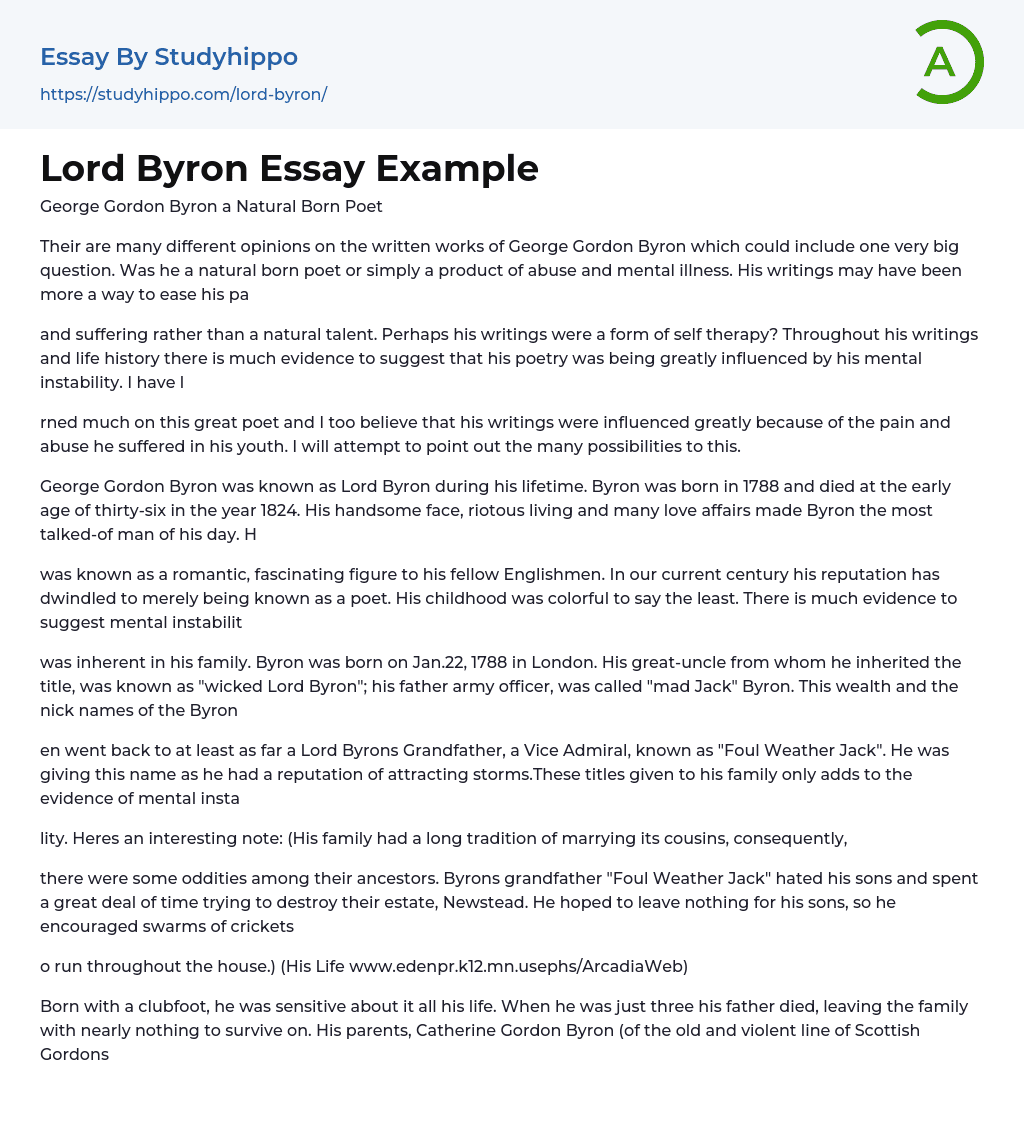 Lord Byron Essay Example