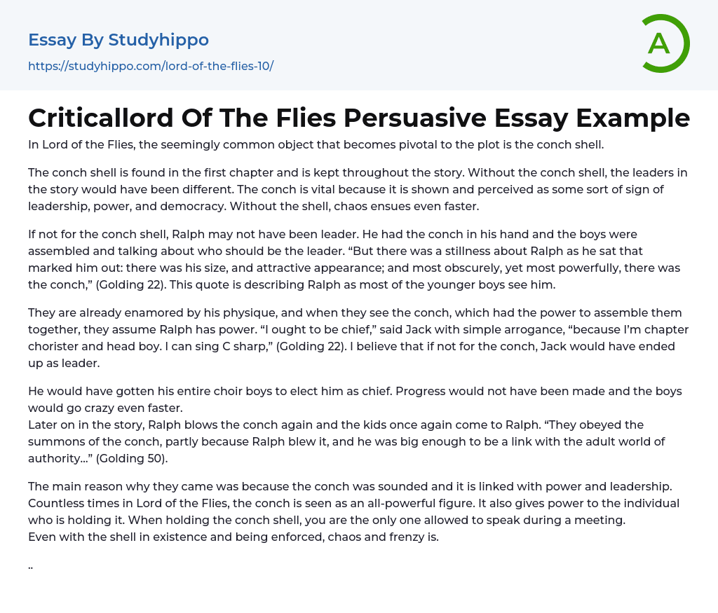 Criticallord Of The Flies Persuasive Essay Example