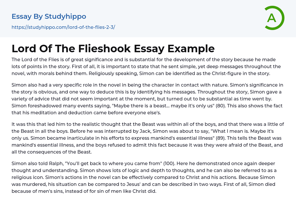 Lord Of The Flieshook Essay Example