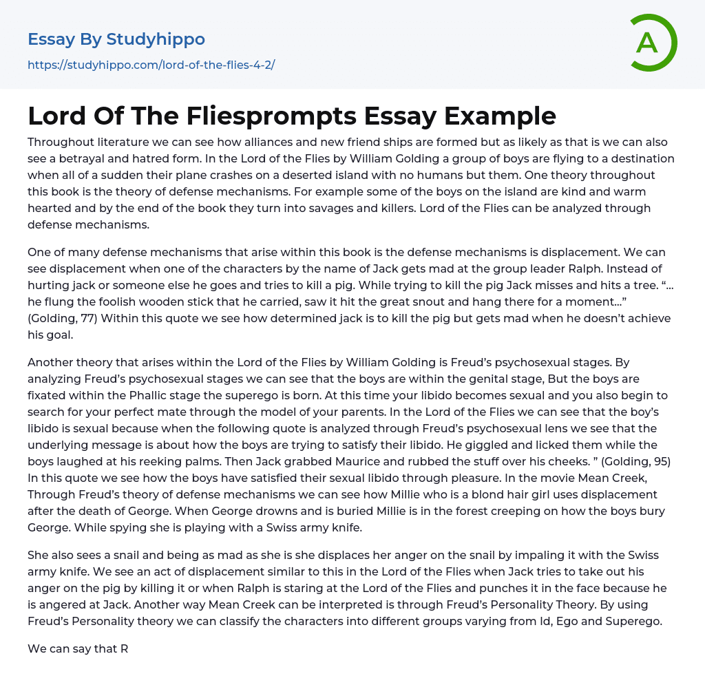 Lord Of The Fliesprompts Essay Example