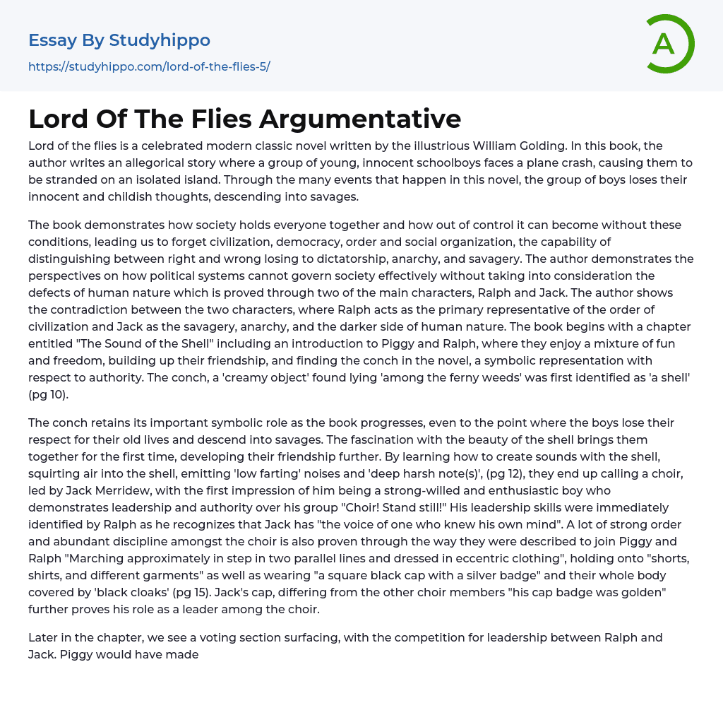 Lord Of The Flies Argumentative Essay Example