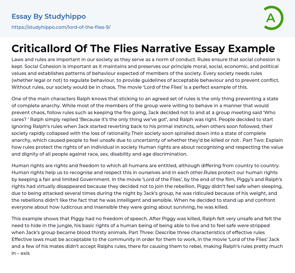 Criticallord Of The Flies Narrative Essay Example