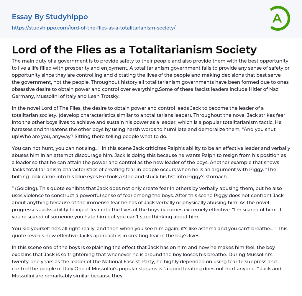 Lord of the Flies as a Totalitarianism Society Essay Example