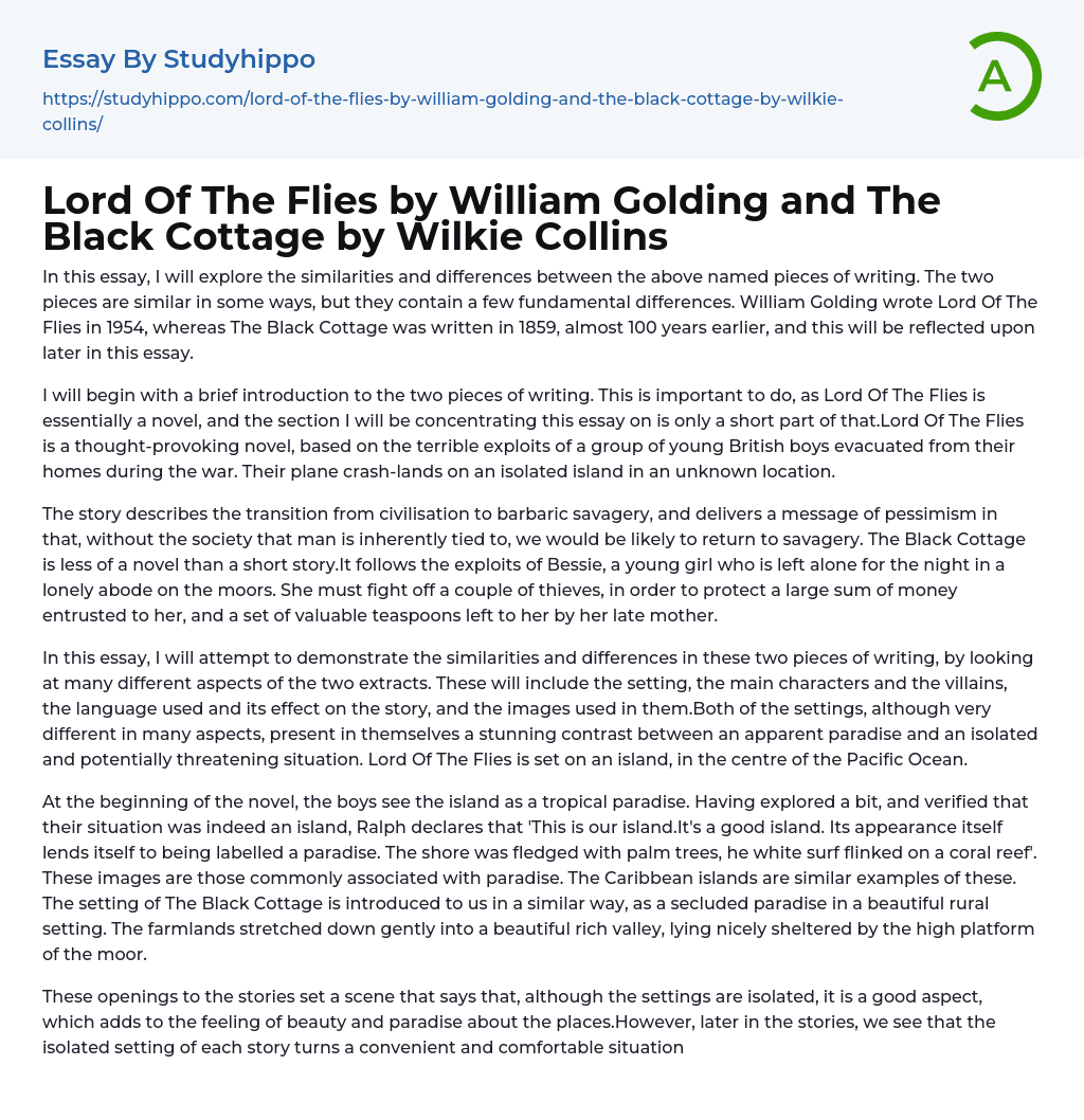 Lord Of The Flies by William Golding and The Black Cottage by Wilkie Collins Essay Example