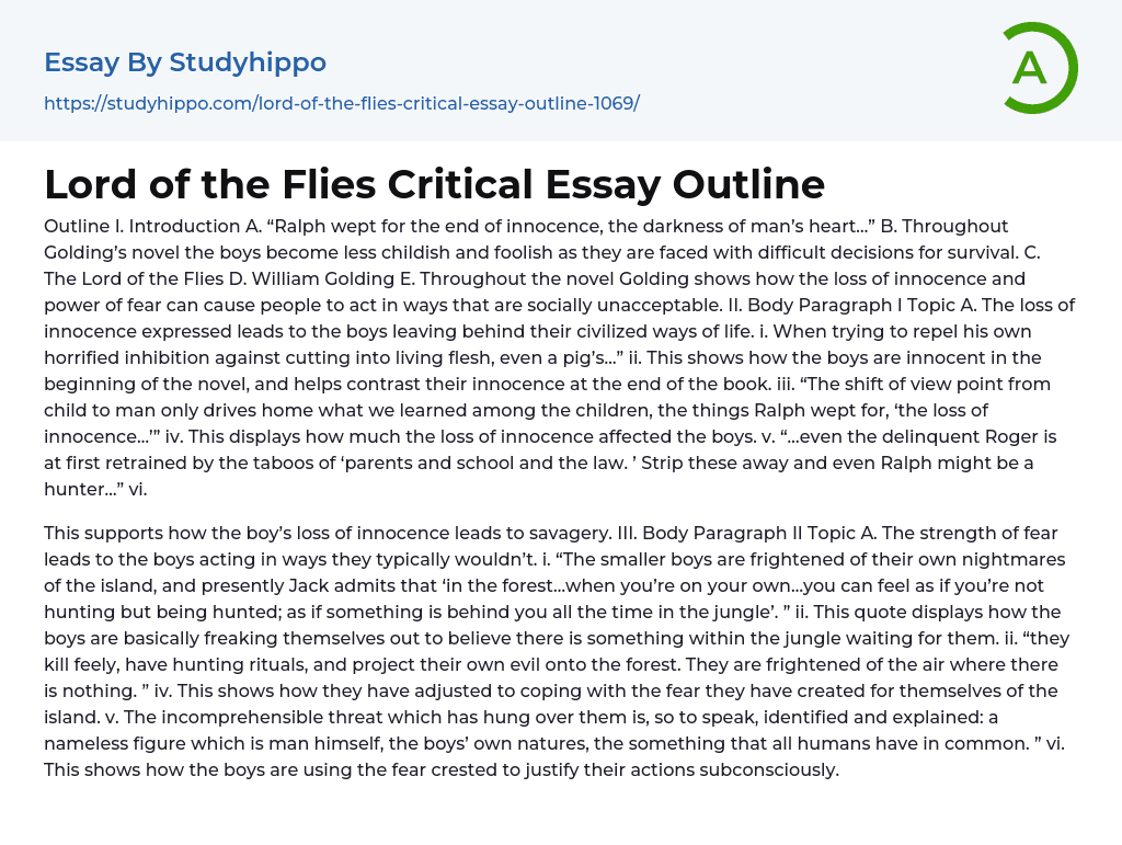 Lord of the Flies Critical Essay Outline