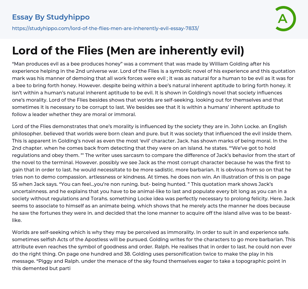 Lord of the Flies (Men are inherently evil) Essay Example