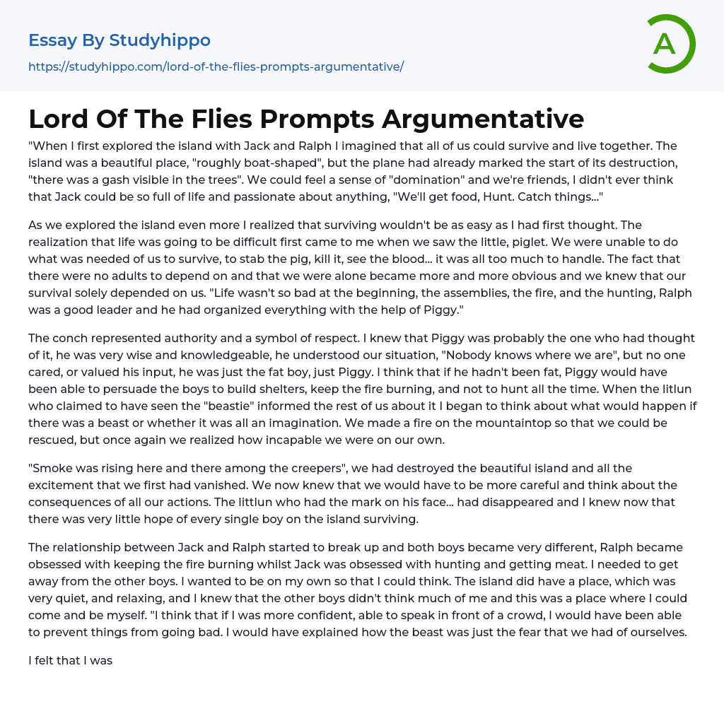 Lord Of The Flies Prompts Argumentative Essay Example