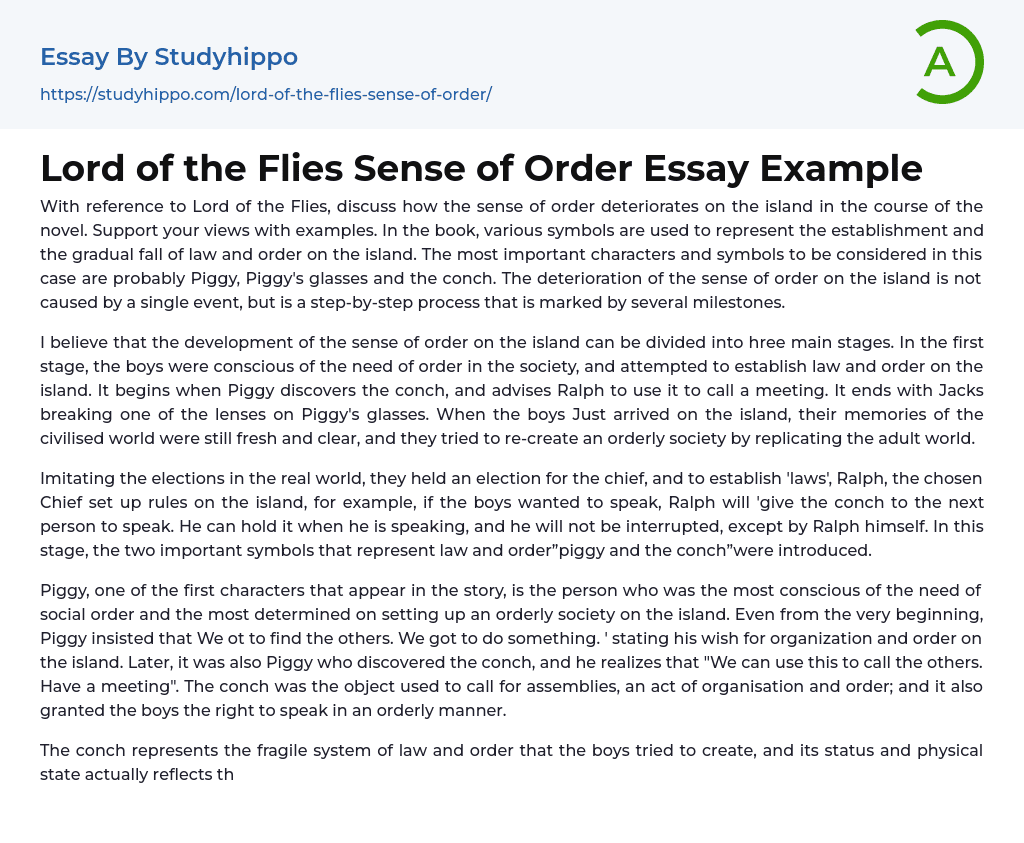 Lord of the Flies Sense of Order Essay Example