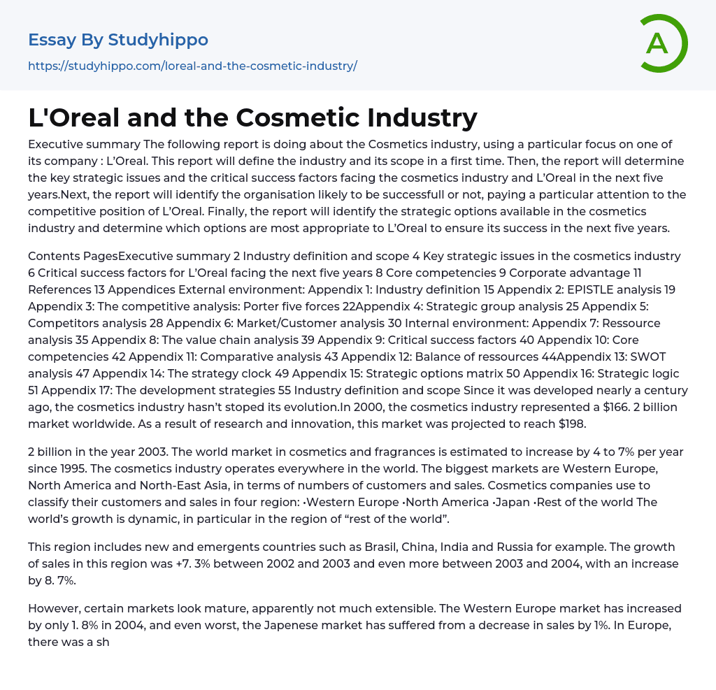 L’Oreal and the Cosmetic Industry Essay Example