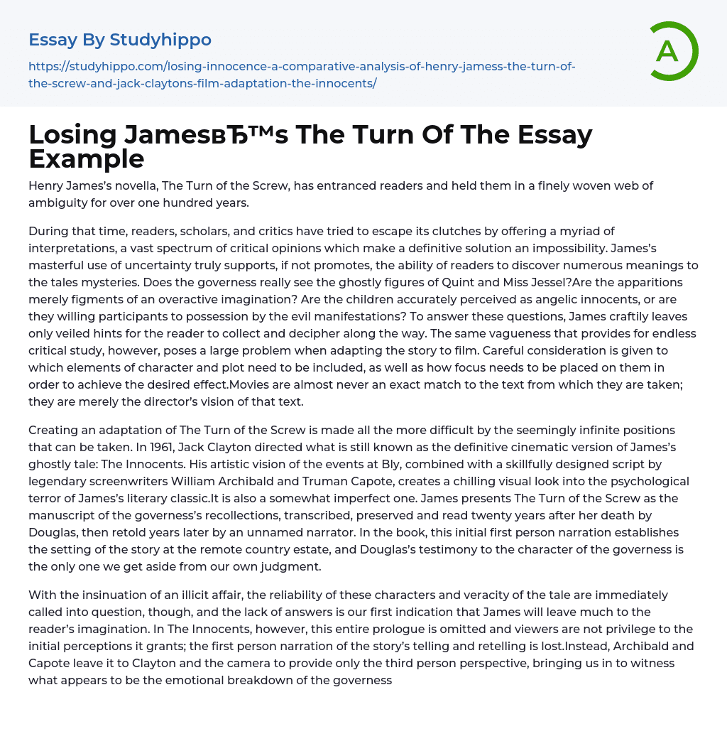 Losing James’s The Turn Of The Essay Example