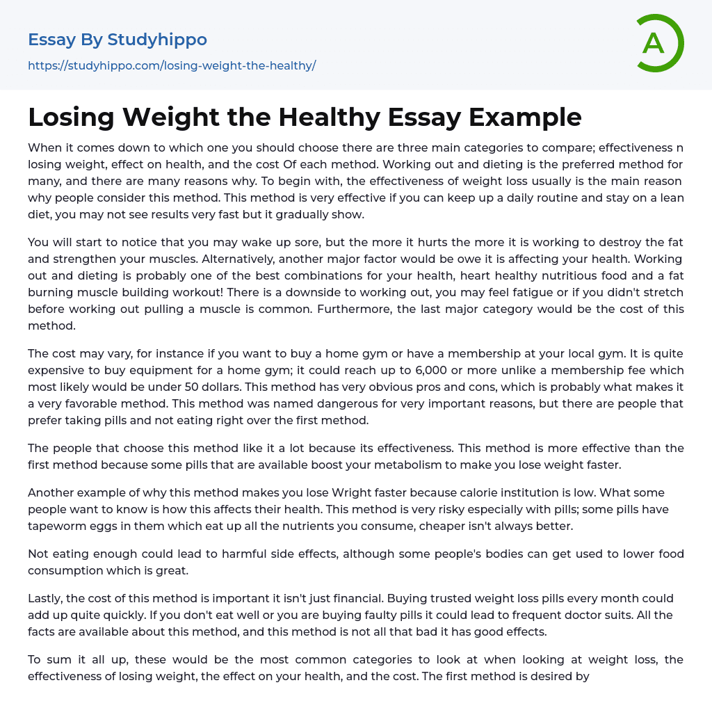Losing Weight the Healthy Essay Example