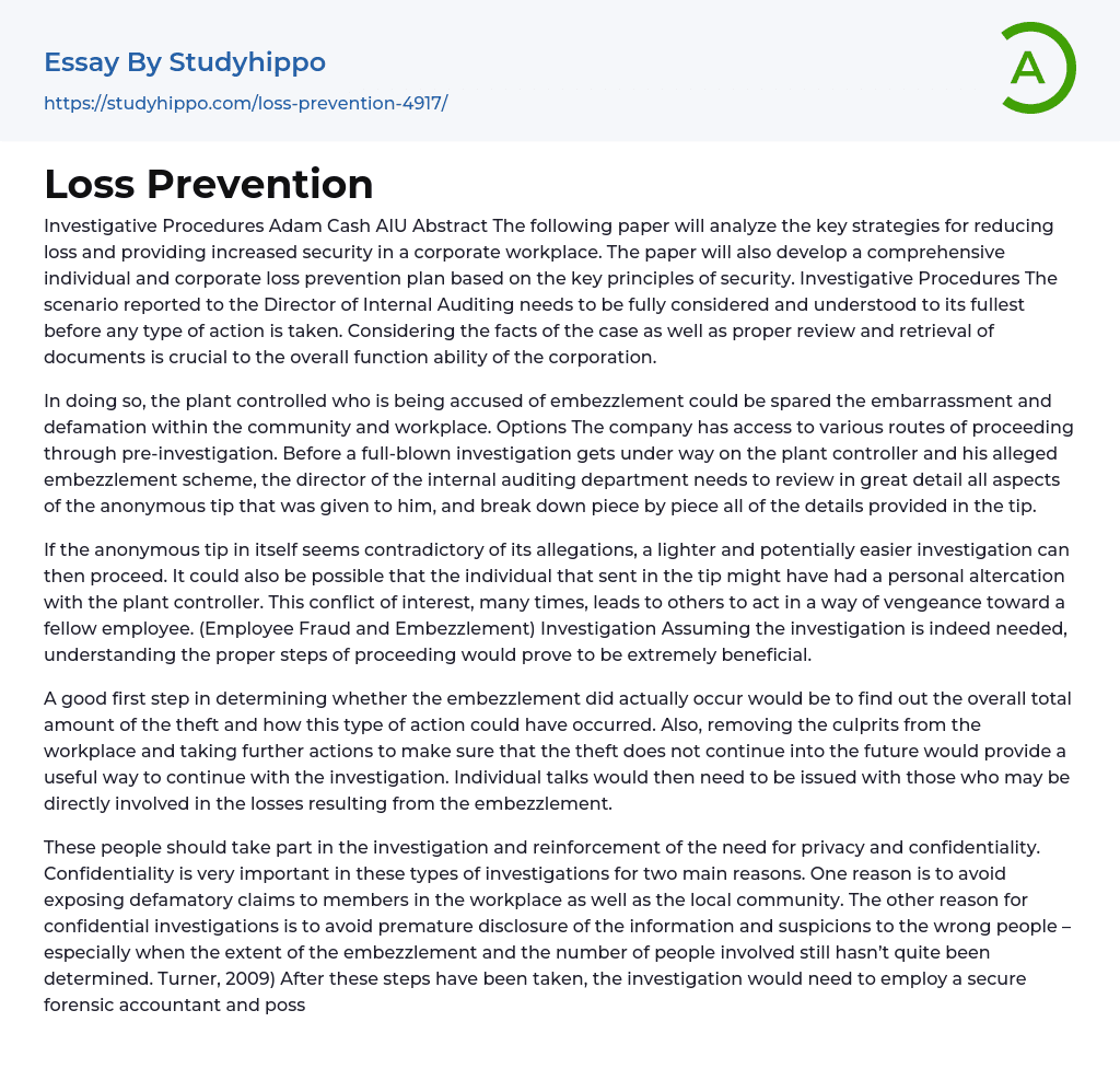 Loss Prevention Essay Example
