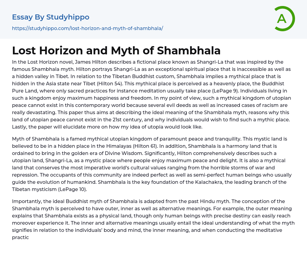Lost Horizon and Myth of Shambhala Essay Example