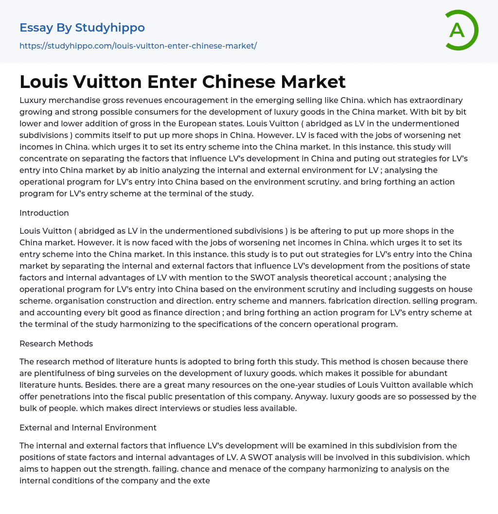 Louis Vuitton Enter Chinese Market Essay Example