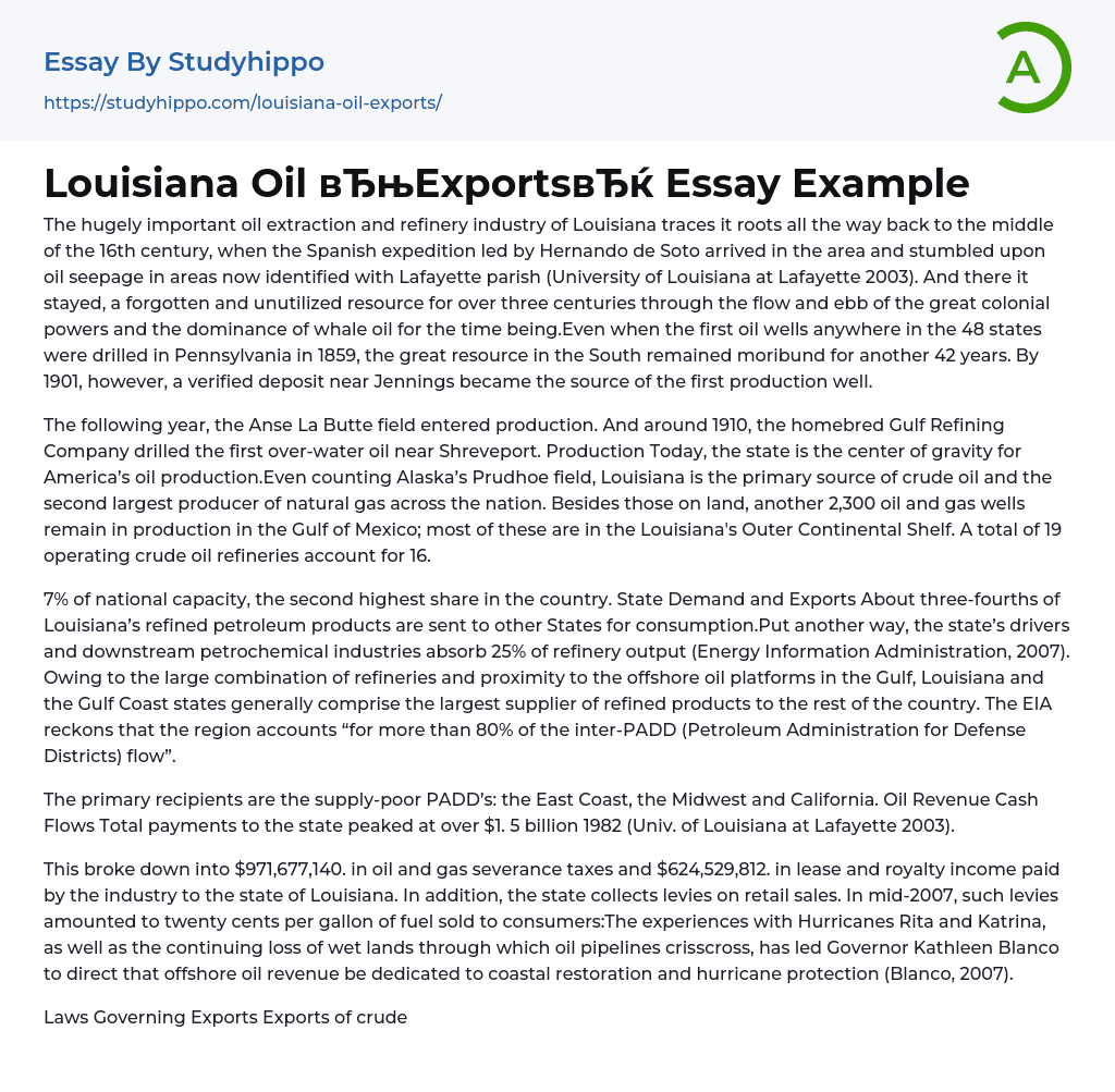 Louisiana Oil “Exports” Essay Example