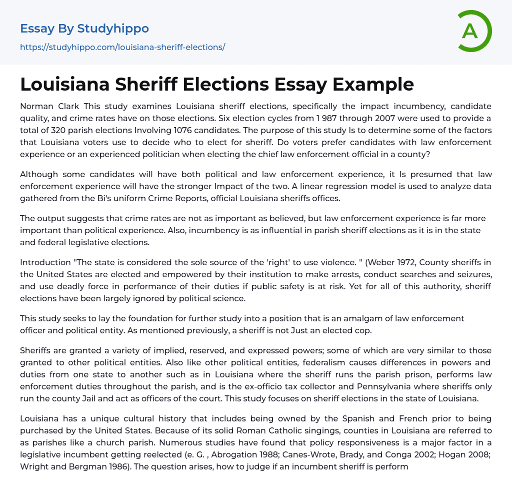 Louisiana Sheriff Elections Essay Example
