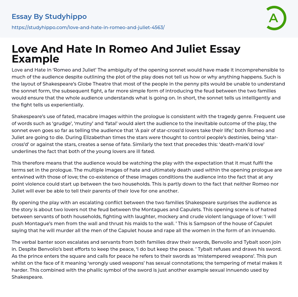 romeo and juliet love and hate theme essay