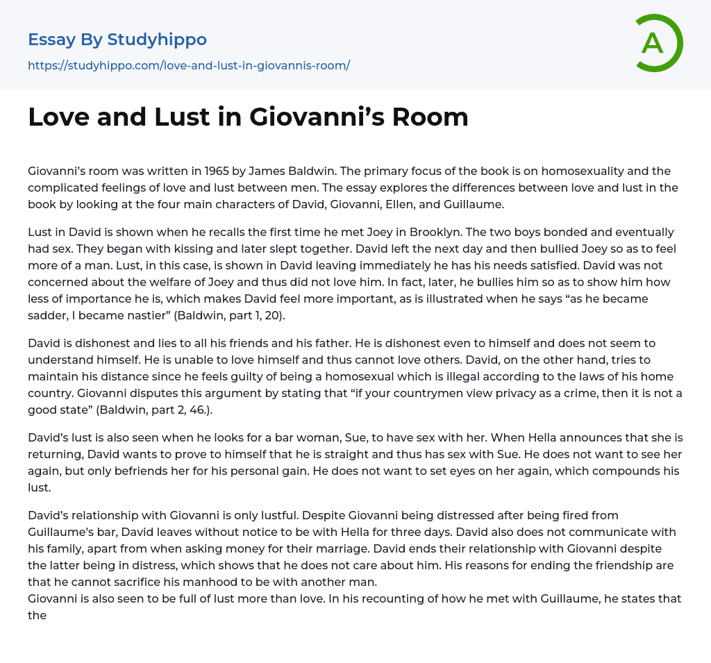 Love and Lust in Giovanni’s Room Essay Example