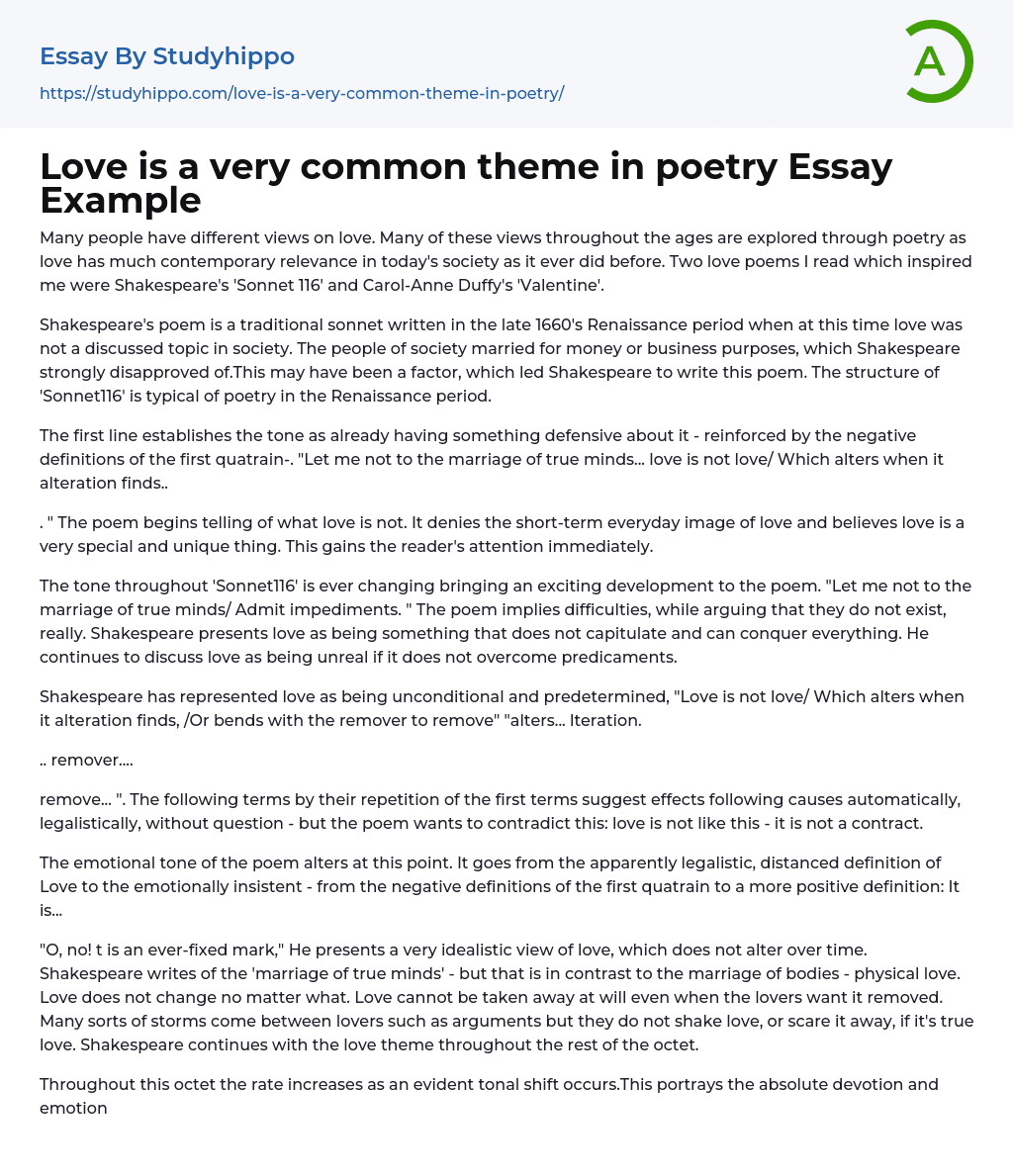 Love is a very common theme in poetry Essay Example