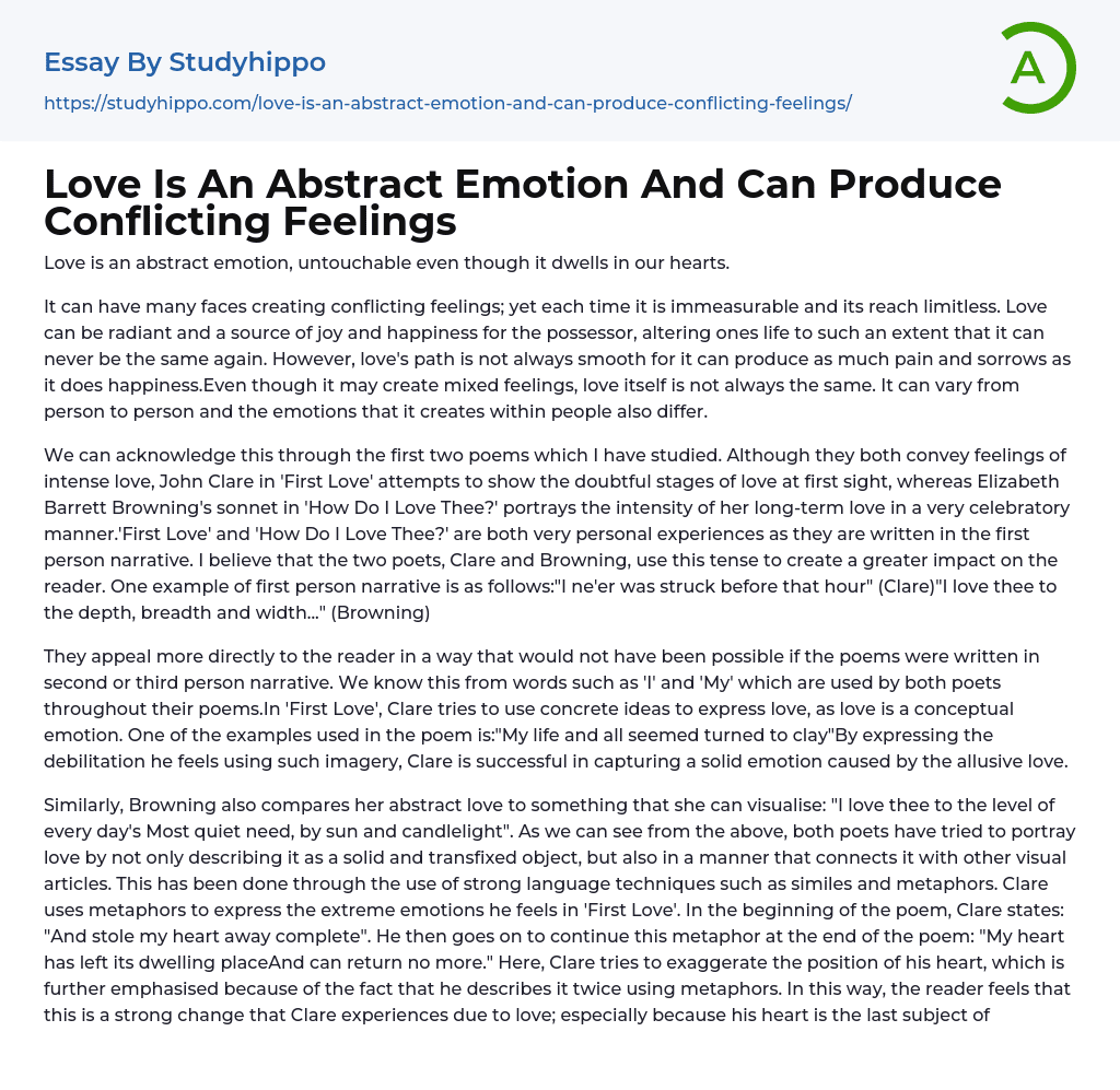 Love Is An Abstract Emotion And Can Produce Conflicting Feelings Essay Example