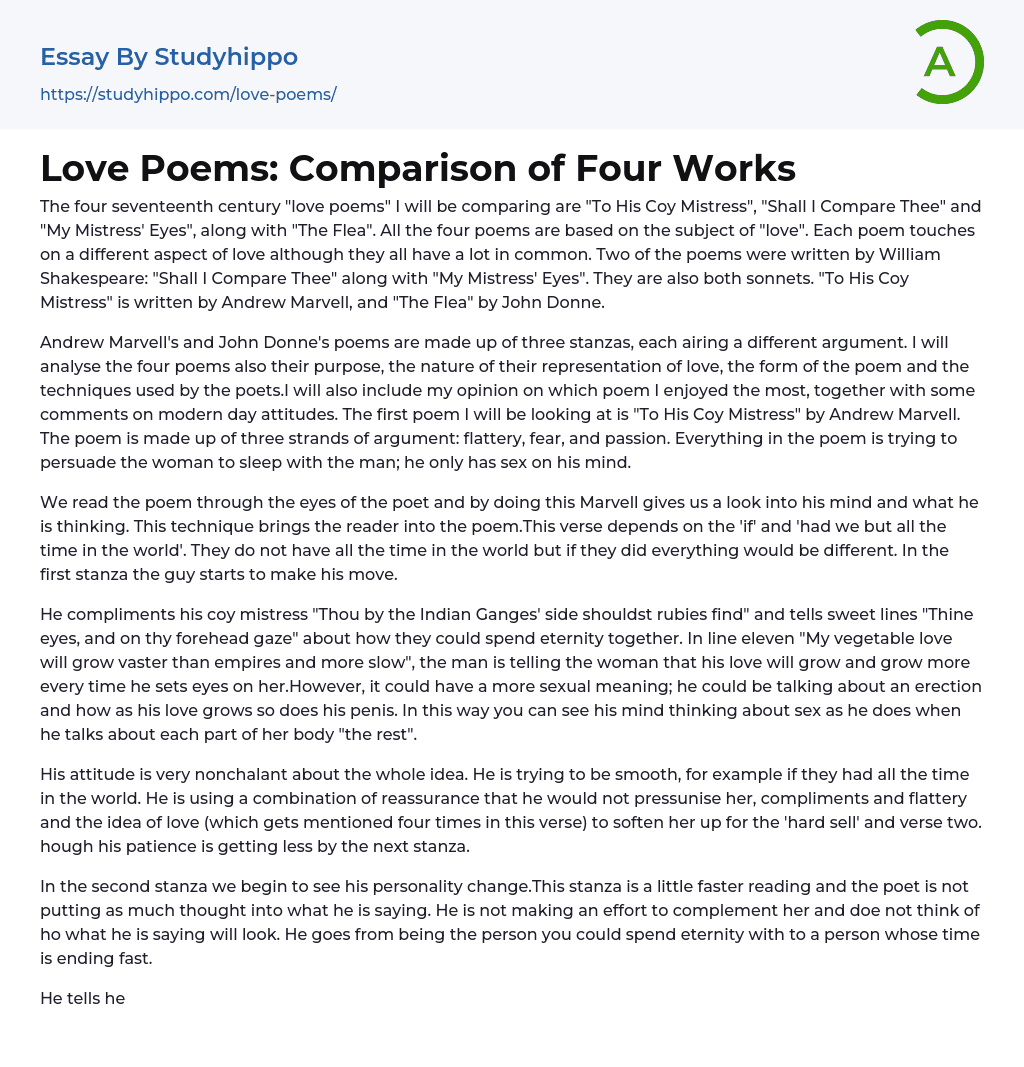 Love Poems: Comparison of Four Works Essay Example