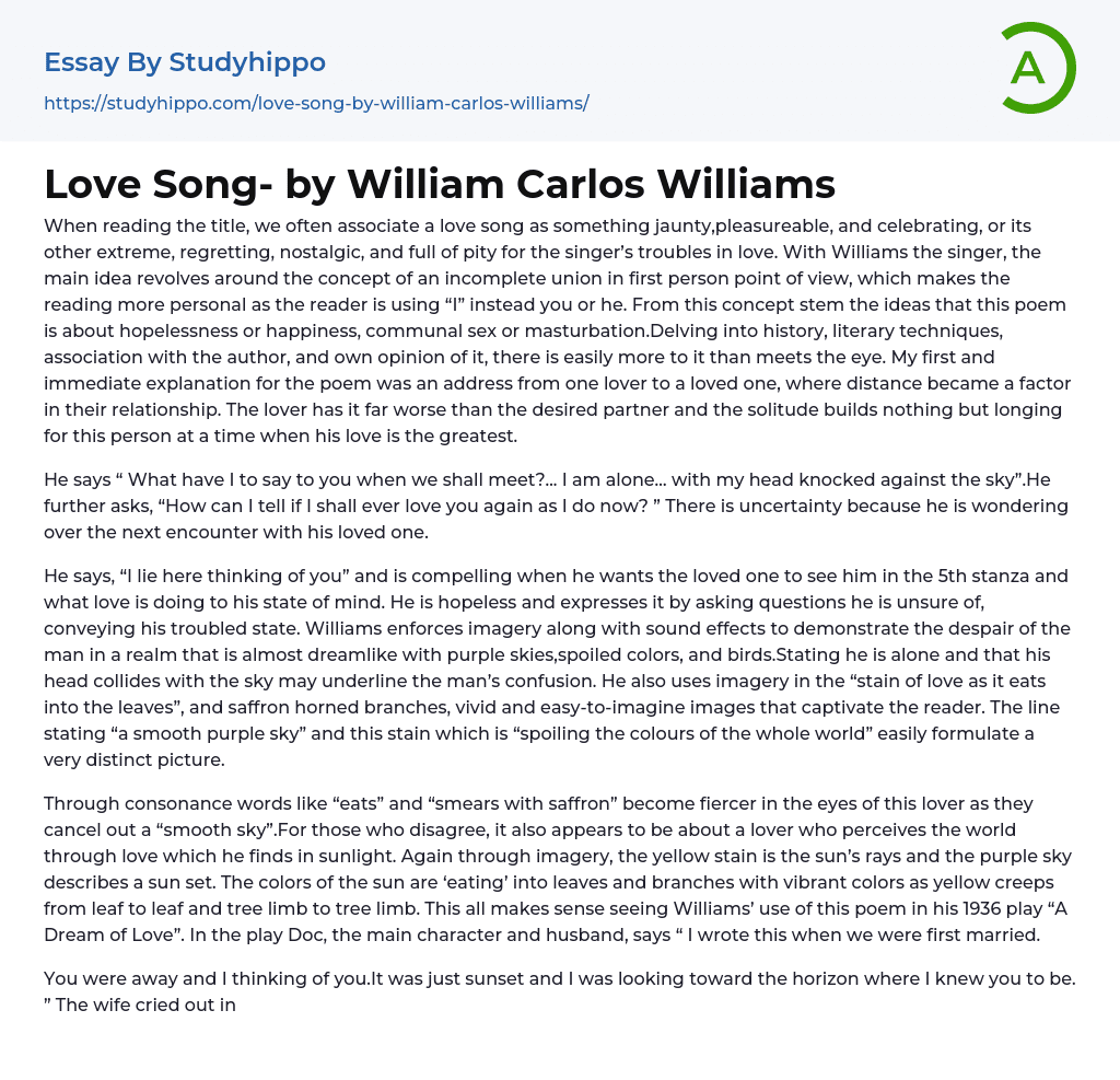 Love Song- by William Carlos Williams Essay Example