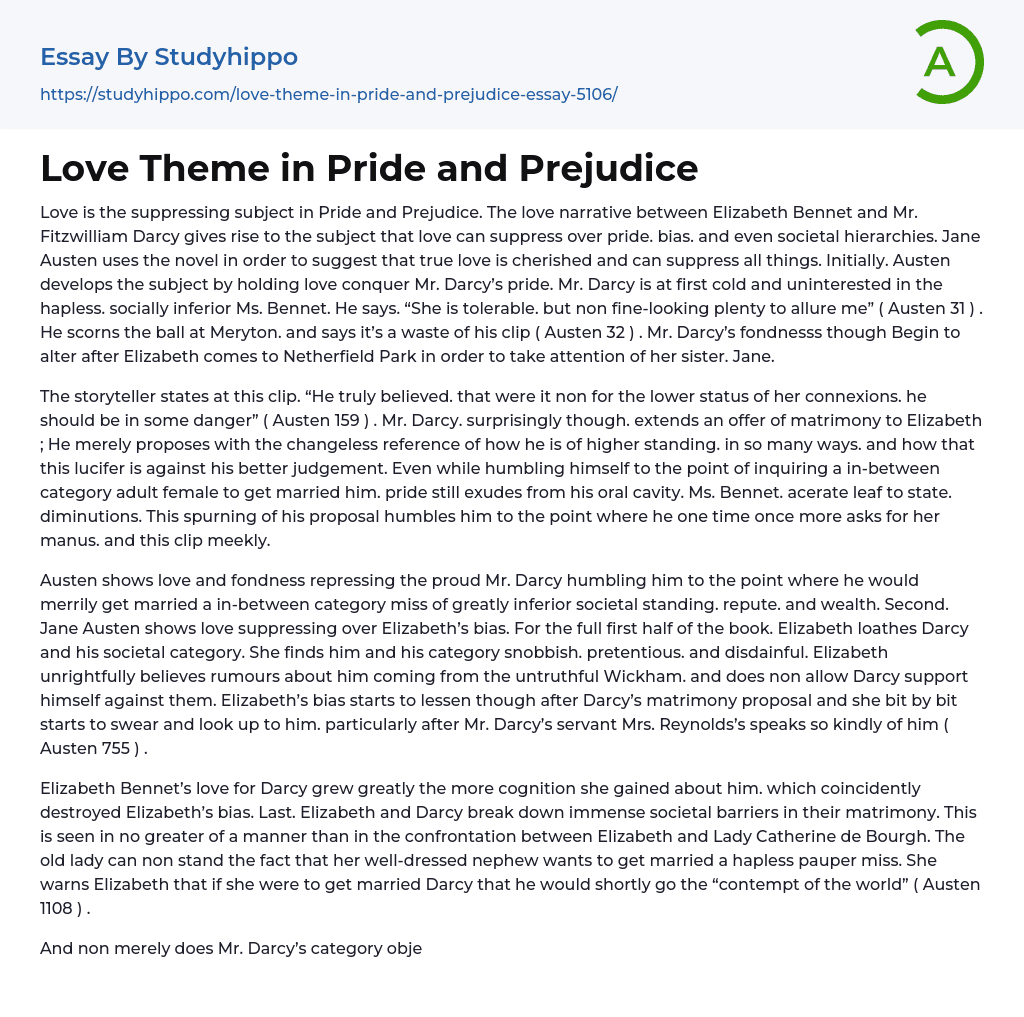 Love Theme in Pride and Prejudice Essay Example