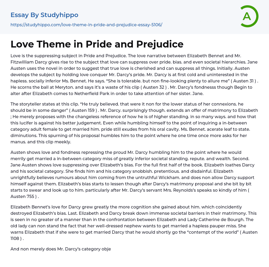 pride and prejudice essay on love