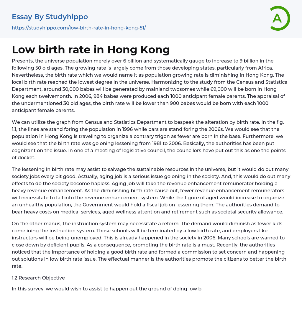 Low birth rate in Hong Kong Essay Example