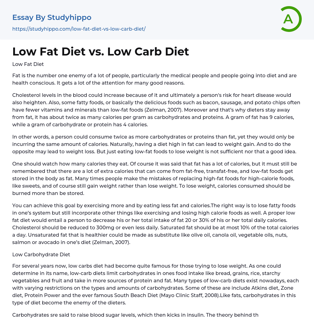 Low Fat Diet vs. Low Carb Diet Essay Example