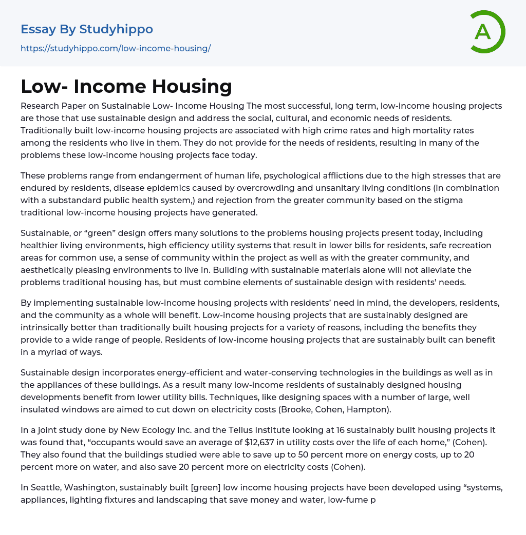 Low- Income Housing Essay Example