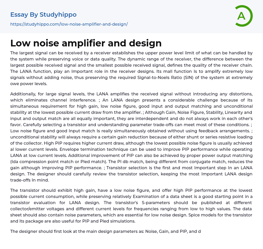 Low noise amplifier and design Essay Example