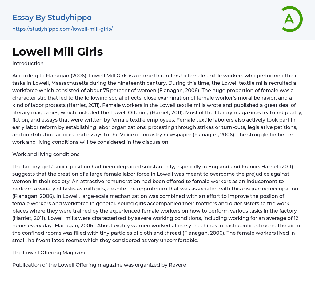 Lowell Mill Girls Essay Example