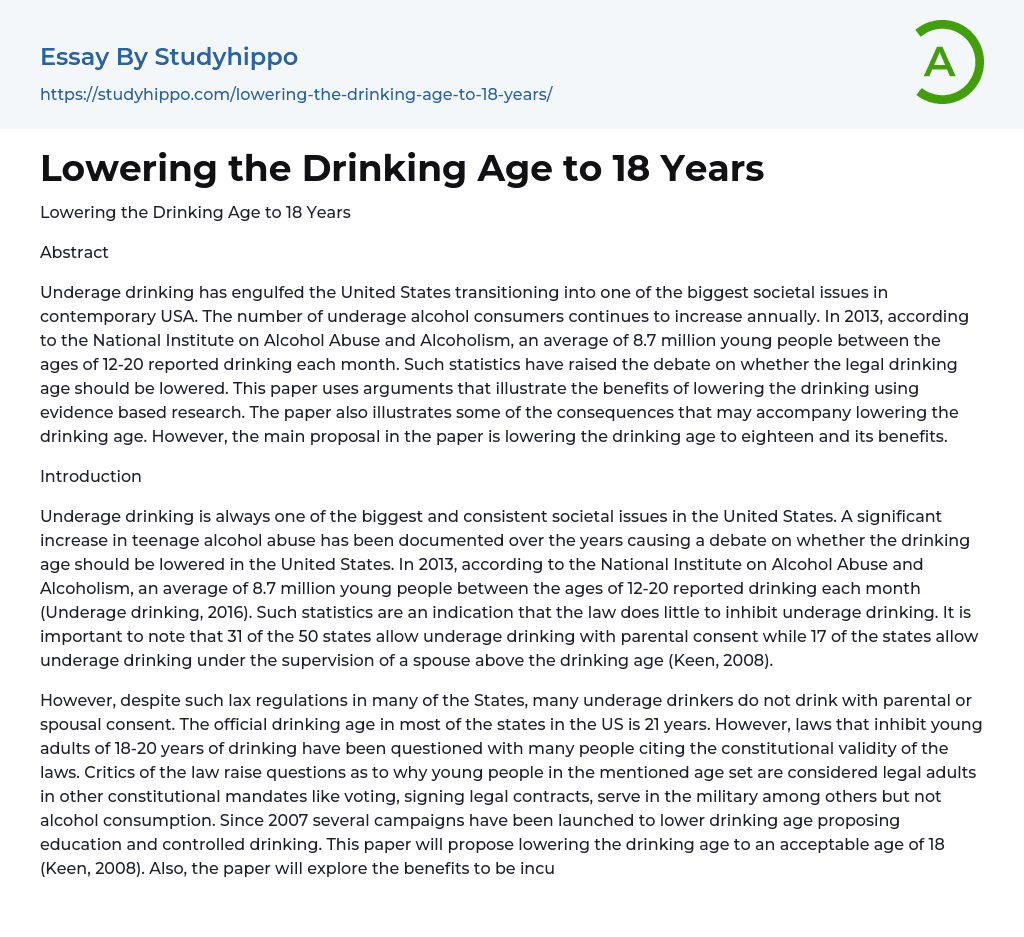 Lowering the Drinking Age to 18 Years Essay Example
