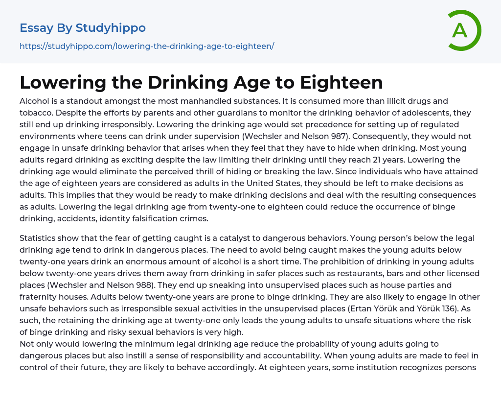 Lowering the Drinking Age to Eighteen Essay Example